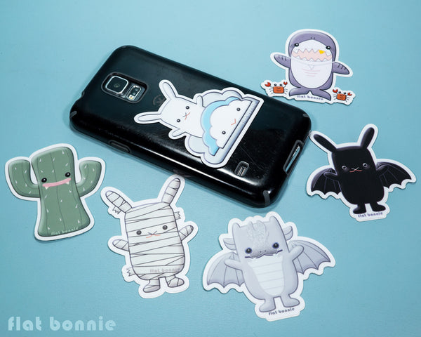 Kawaii animal stickers - 6 Flat Bonnie characters - Bat Bunny Shark Cactus Dragon Mummy -4