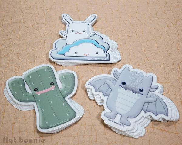 Kawaii animal stickers - 6 Flat Bonnie characters - Bat Bunny Shark Cactus Dragon Mummy -5