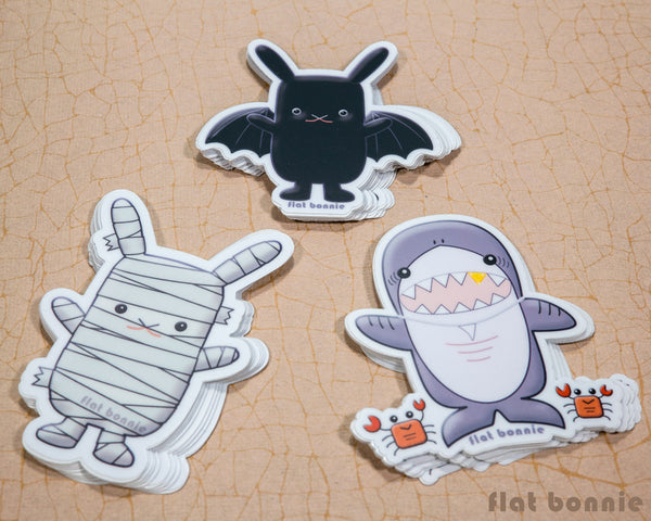 Kawaii animal stickers - 6 Flat Bonnie characters - Bat Bunny Shark Cactus Dragon Mummy -6