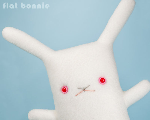 White Rabbit plush - Handmade stuffed animal toy - REW - Red Eye White - Plush Stuffed Animal - Flat Bonnie - 1
