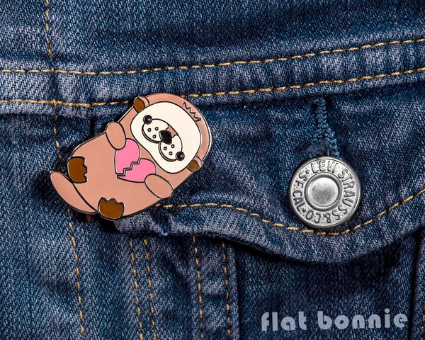 Kawaii Otter with Broken Heart - Cute otter enamel pin - Kawaii enamel pins - Cloisonné lapel pin - Enamel Lapel Pin - Flat Bonnie - 2