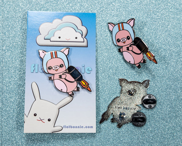 Jet Pig enamel pin - Cute piggy jetpack enamel jacket pin - Cloisonné lapel pin - Enamel Lapel Pin - Flat Bonnie - 3