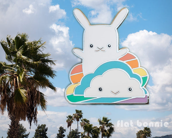 Rainbow Cloud with Bunny enamel pin - Kawaii enamel pins - Cloisonné lapel pin - Enamel Lapel Pin - Flat Bonnie - 1