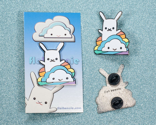 Rainbow Cloud with Bunny enamel pin - Kawaii enamel pins - Cloisonné lapel pin - Enamel Lapel Pin - Flat Bonnie - 3