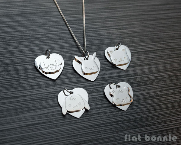 Cute animal charm necklace with metal heart - Kawaii jewelry - Bunny, Dog, Cat, Guinea Pig - 1