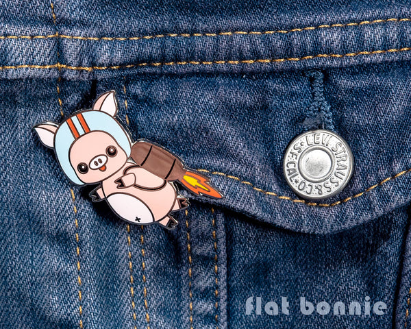 Jet Pig enamel pin - Cute piggy jetpack enamel jacket pin - Cloisonné lapel pin - Enamel Lapel Pin - Flat Bonnie - 2