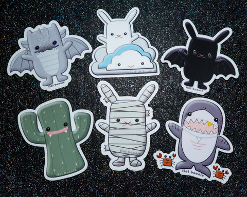 Kawaii animal stickers - 6 Flat Bonnie characters - Bat Bunny Shark Cactus Dragon Mummy -1