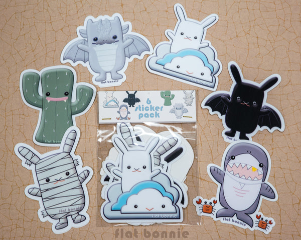 Kawaii animal stickers - 6 Flat Bonnie characters - Bat Bunny Shark Cactus Dragon Mummy -2
