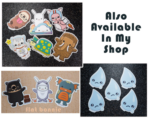 Kawaii animal stickers - 6 Flat Bonnie characters - Bat Bunny Shark Cactus Dragon Mummy -7