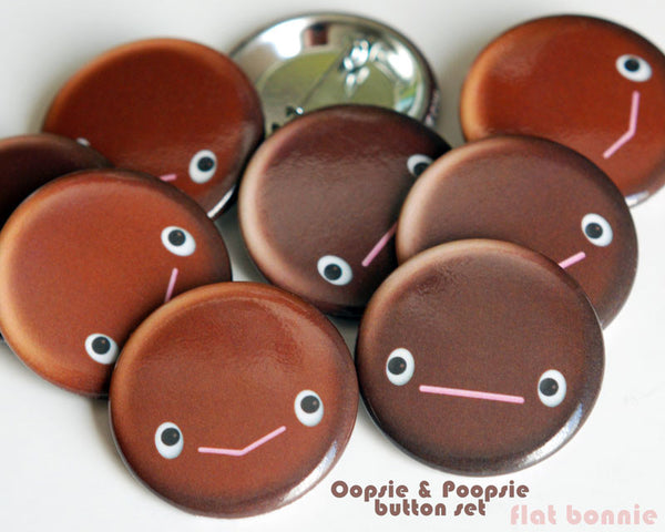 Cute Bunny Poop Pins - Oopsie & Poopsie - 2 Button Set (1.25" pin) - Button - Flat Bonnie - 1