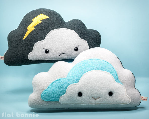 Cloud reversible plush pillow - Handmade happy / stormy cloud - Plush Non Animal - Flat Bonnie - 1