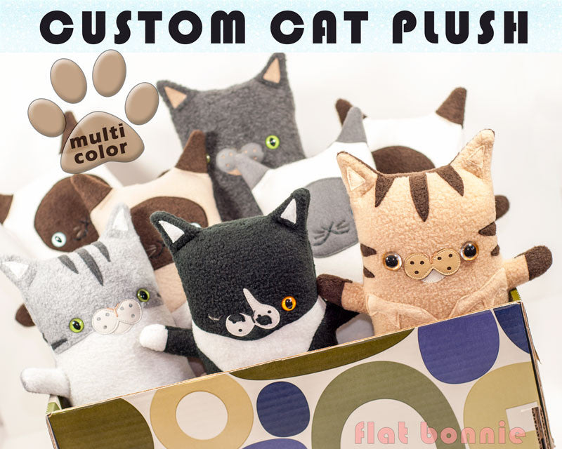 Custom Cat stuffed animal - Plush clone of your kitty - Multi-Color - Plush Stuffed Animal - Flat Bonnie - 1