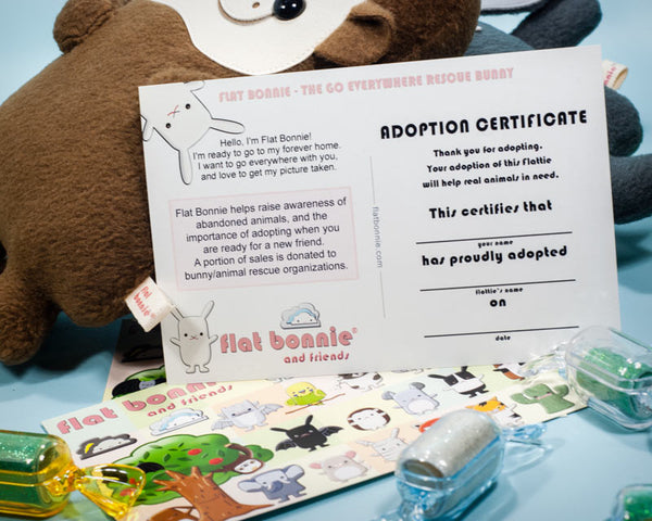 An Adoption Certificate (comes with each Flat Bonnie plush).