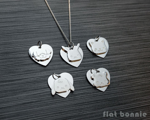 Cute animal charm necklace with metal heart - Kawaii jewelry - Bunny, Dog, Cat, Guinea Pig - 1