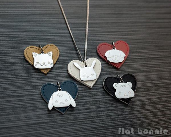 Cute animal charm necklace with vinyl heart - Kawaii jewelry - Bunny, Dog, Cat, Guinea Pig - 1