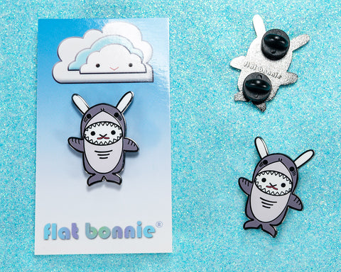 Kawaii Bunny x Shark enamel pin - Flat Bonnie in her Shark costume - Enamel Lapel Pin - Flat Bonnie - 1